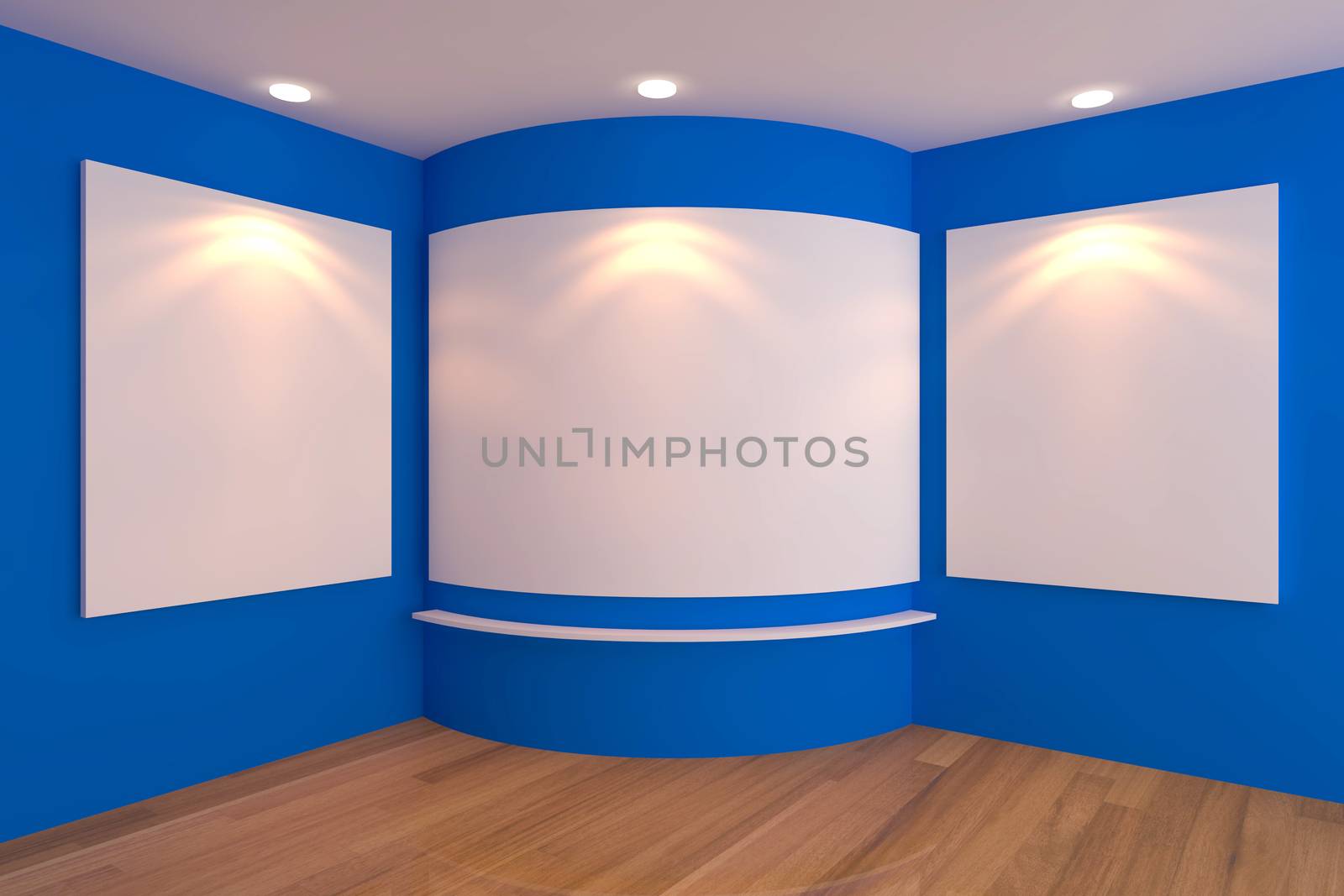 Empty corner room interior with white canvas on a blue wall in the gallery.