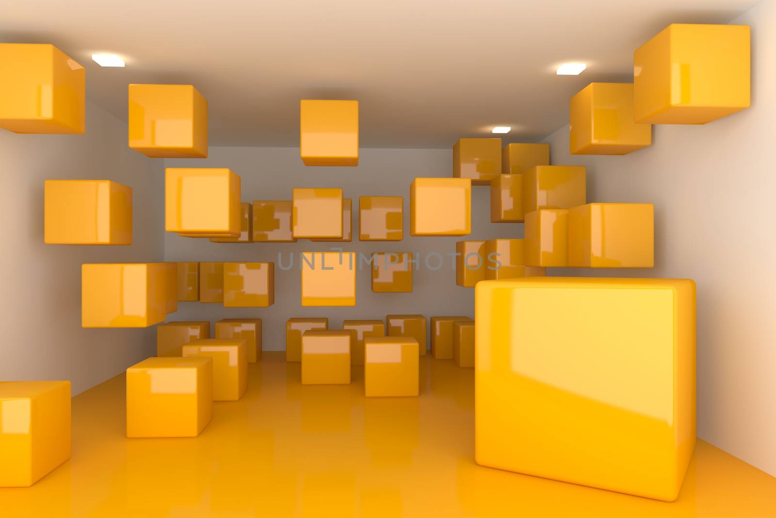 Abstract interior rendering with empty room color box display.