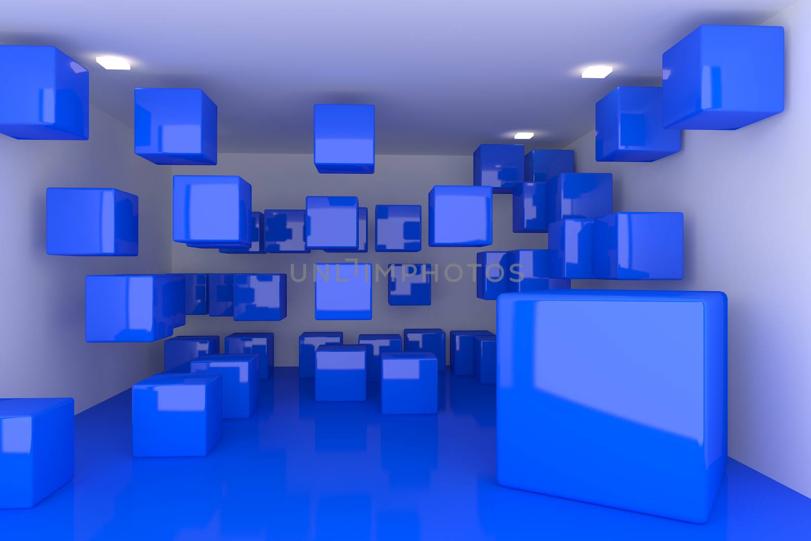 Abstract interior rendering with empty room color box display.