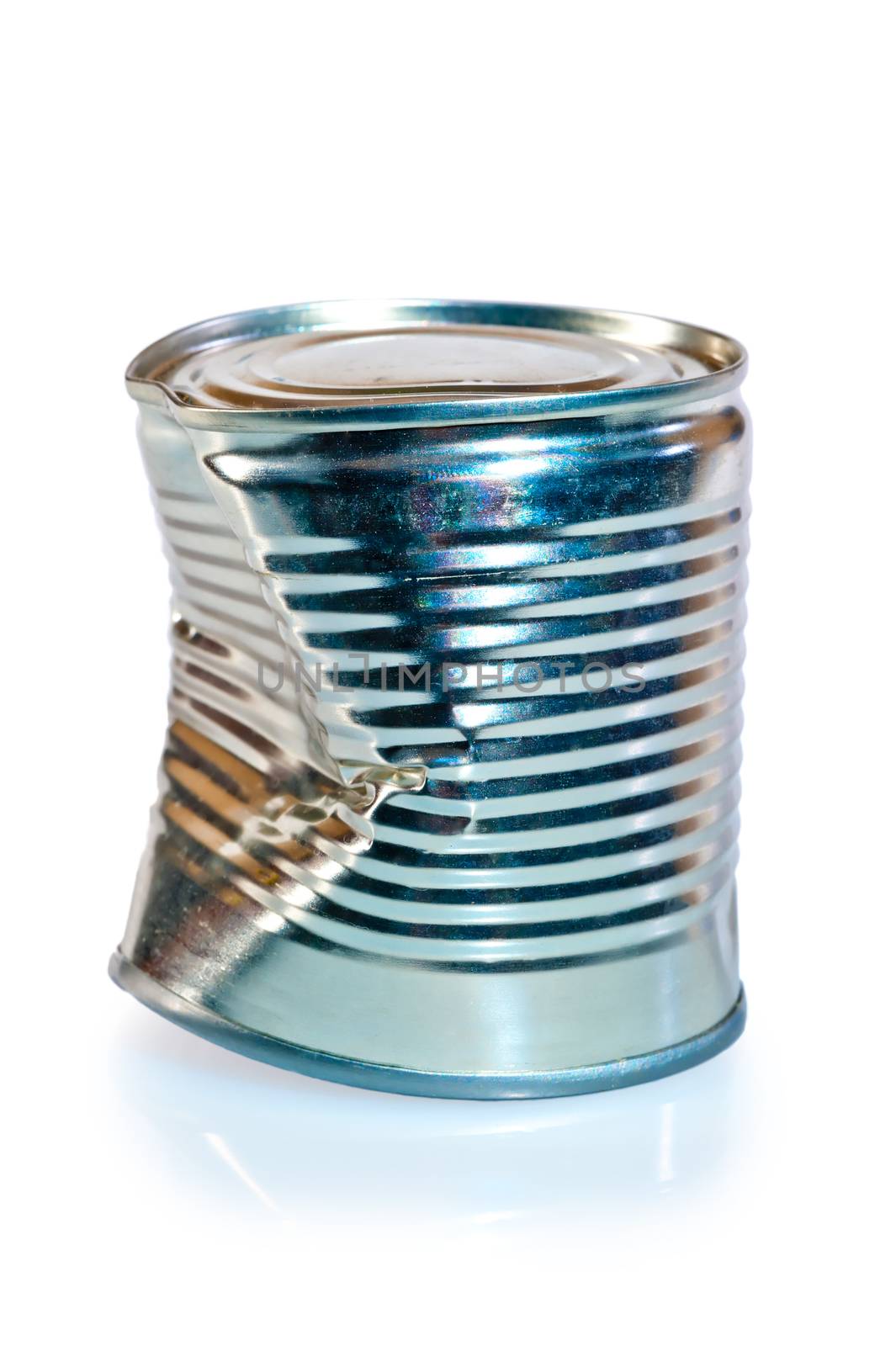 crumpled metal tin can on white background