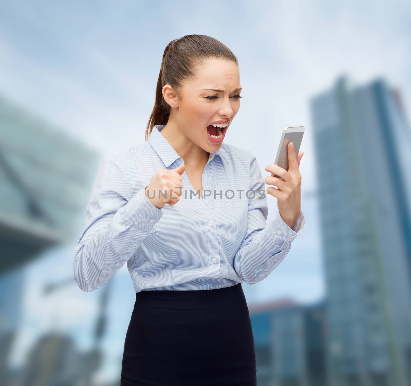 business, technology and education concept - screaming businesswoman with smartphone outside