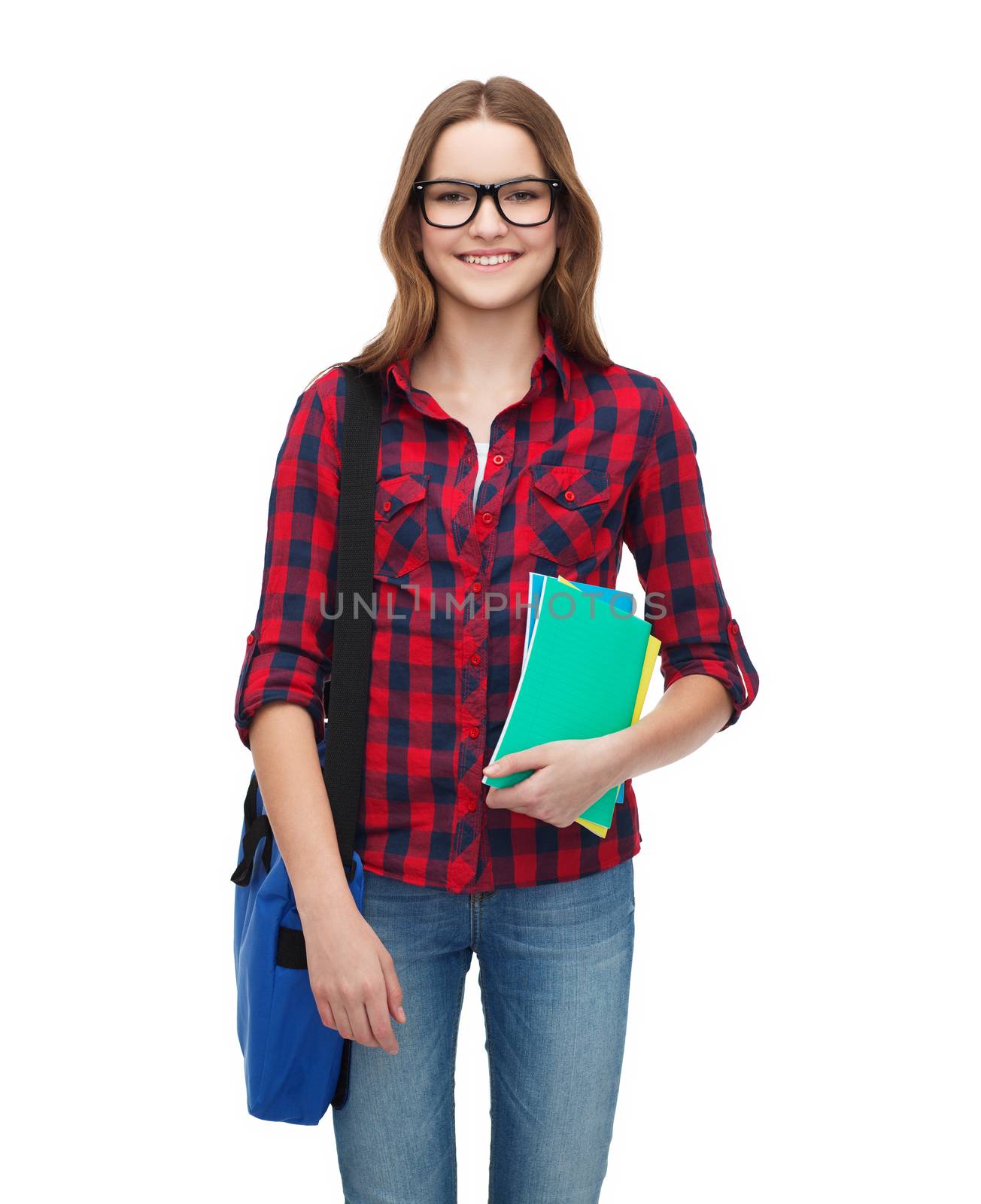 education and people concept - smiling female student in eyeglasses with laptop bag and notebooks