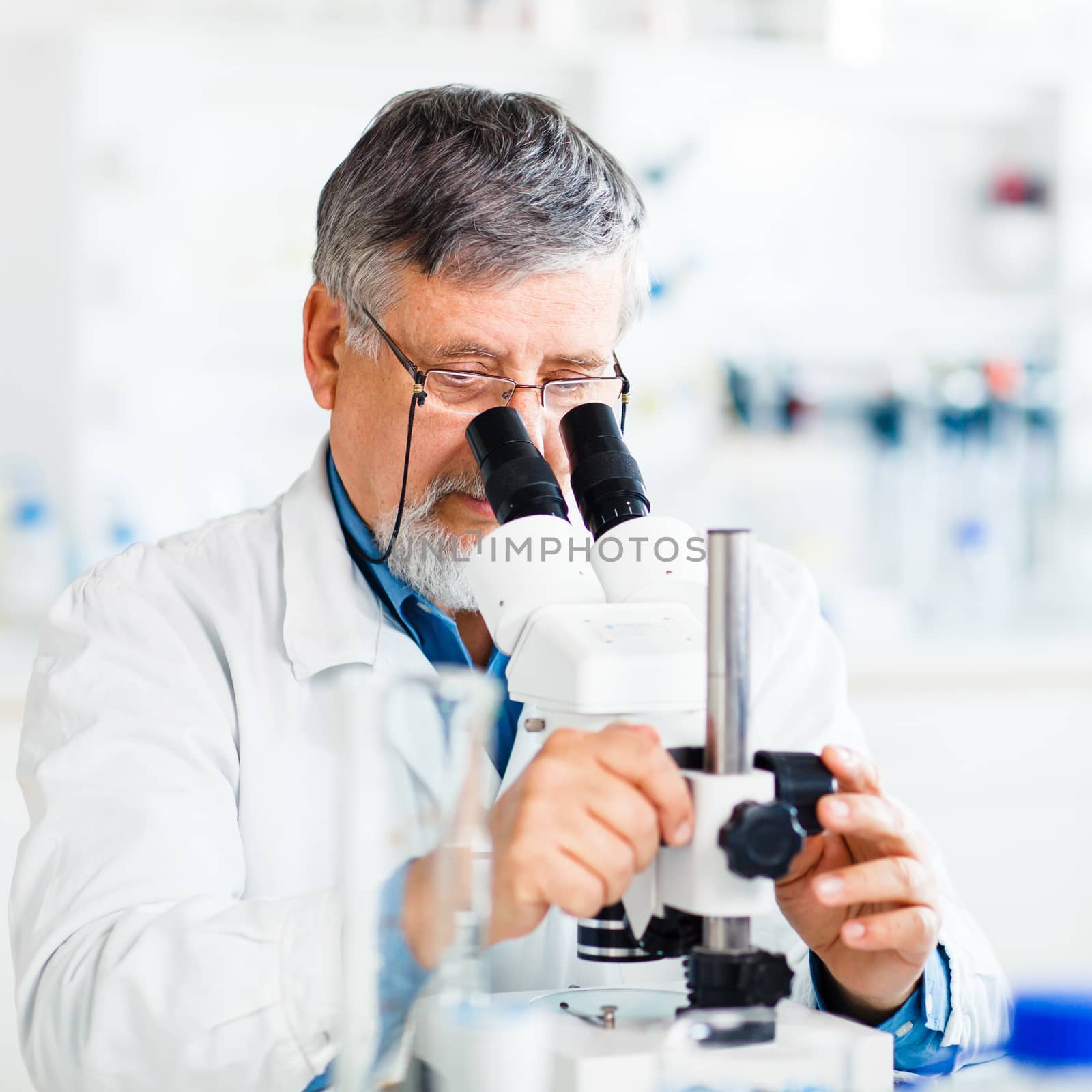 Senior male researcher carrying out scientific research in a lab using a microscope (shallow DOF; color toned image)