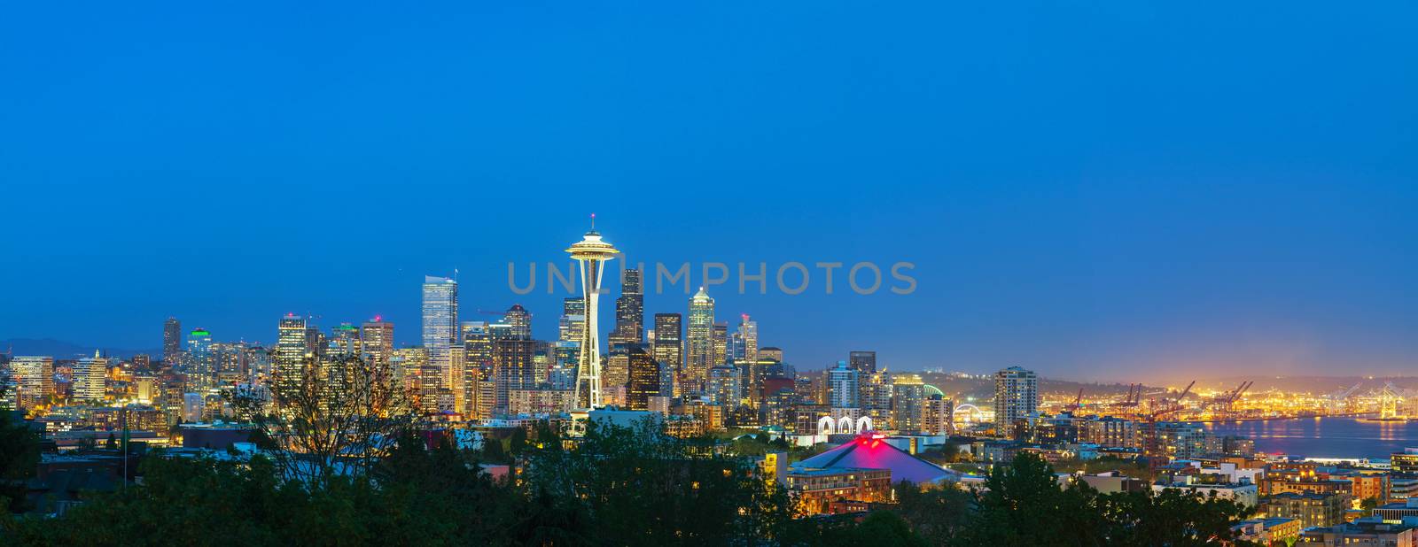 Downtown Seattle cityscape at night time as seen from the Kerry park