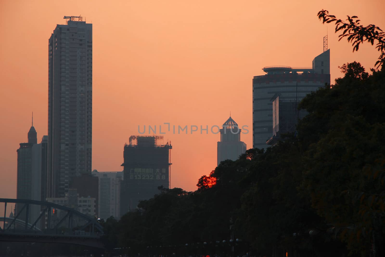 Sunset over Pearl river. Summertime evening in Guangzhou