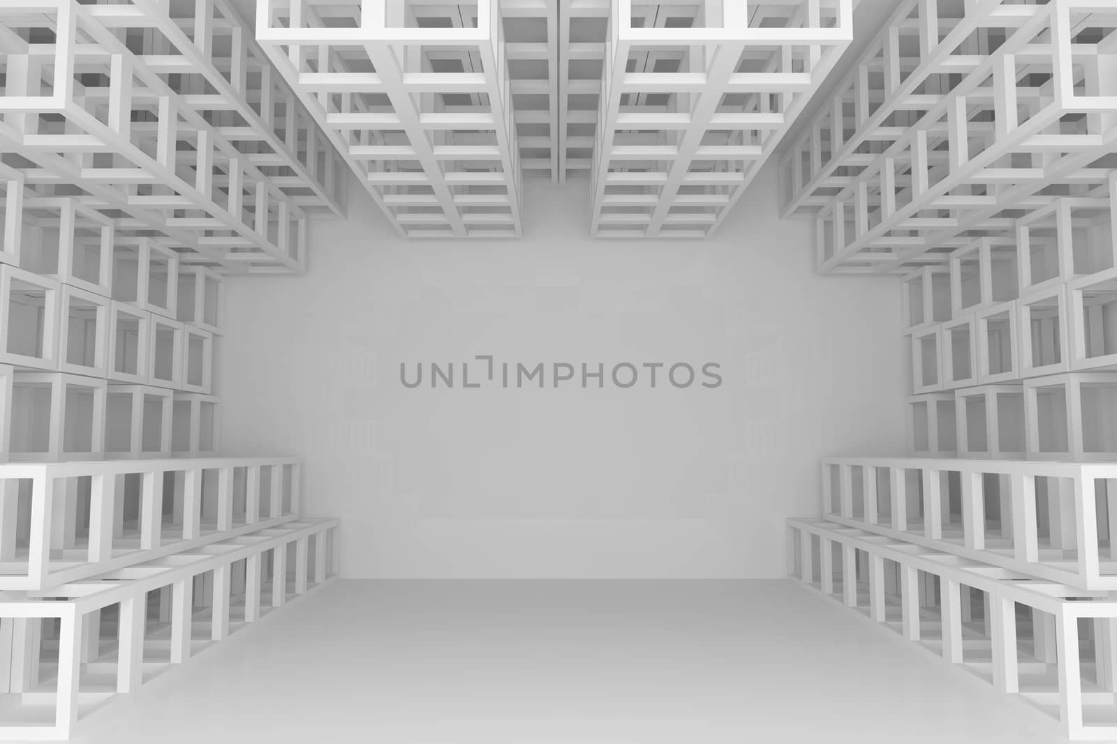 Abstract white square truss wall with empty room
