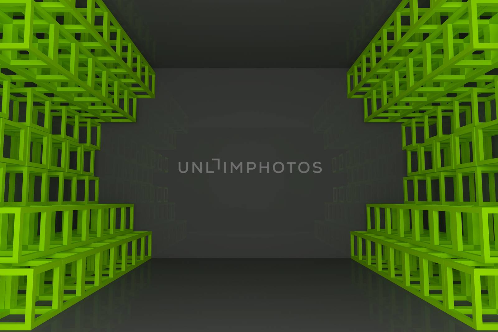 Abstract green square truss wall with empty room