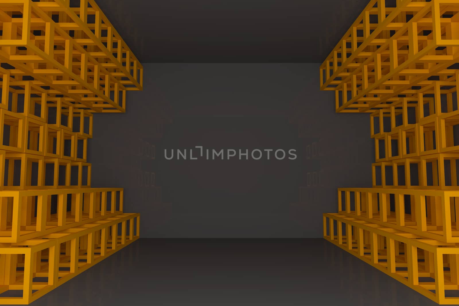 Abstract orange square truss wall with empty room