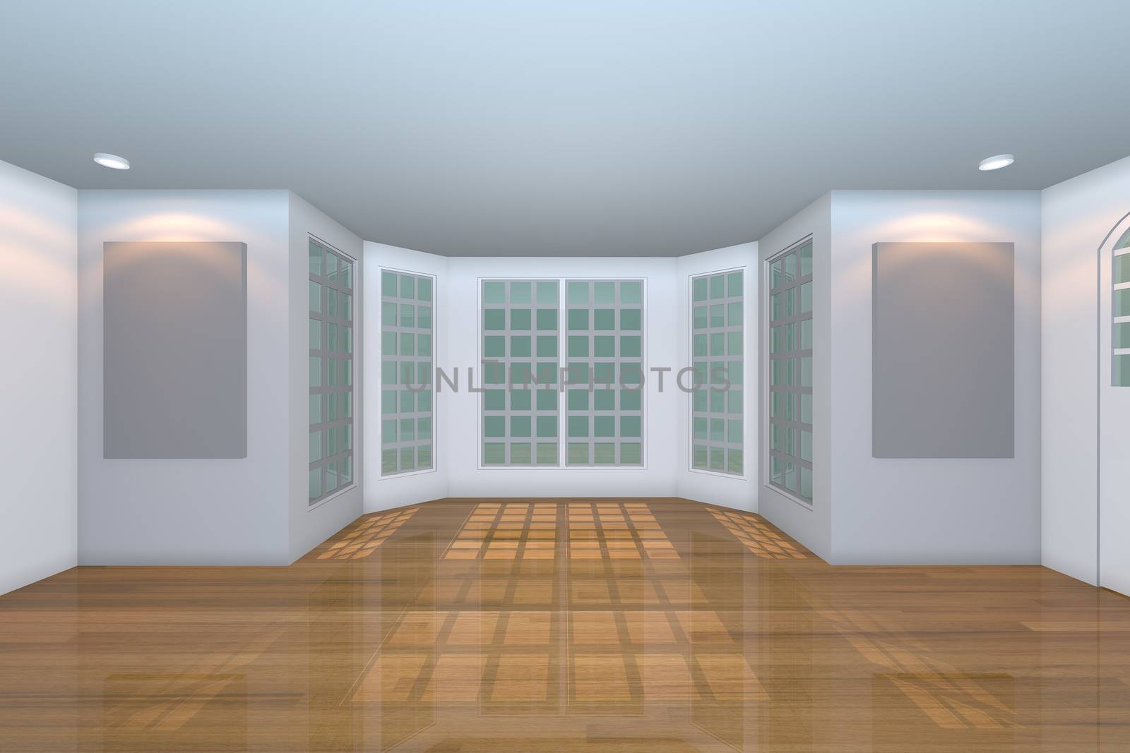 Home interior rendering with empty room color wall and decorated with wooden floors. 