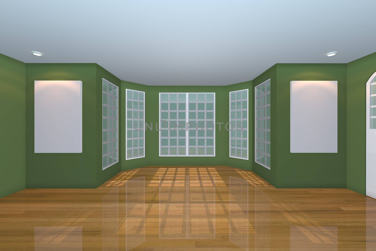 Home interior rendering with empty room color green wall and decorated with wooden floors. 