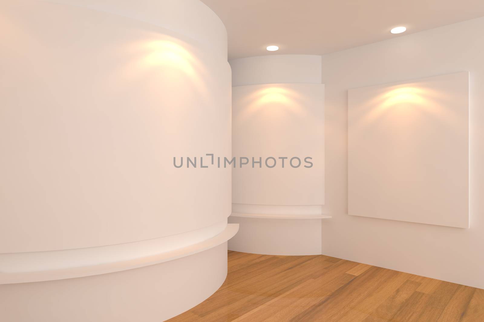 Empty room interior with white canvas on a white wall in the gallery.