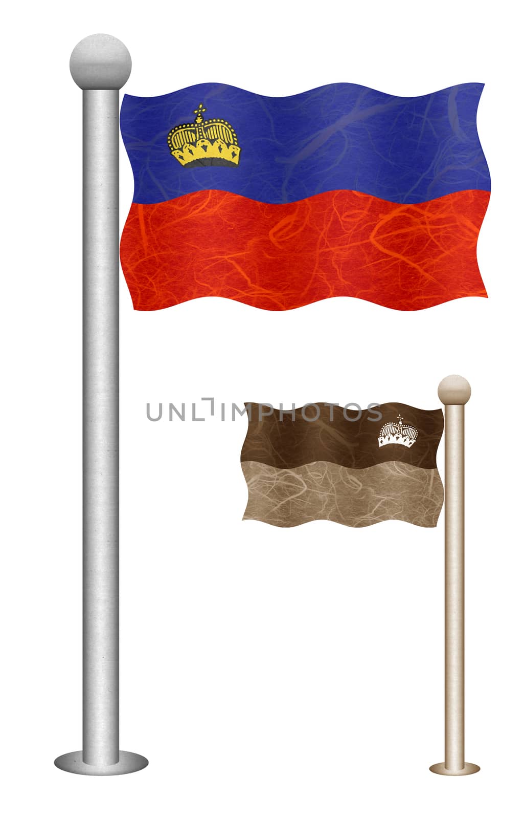 Liechtenstein flag waving on the wind. Flags of countries in Europe. Mulberry paper on white background.