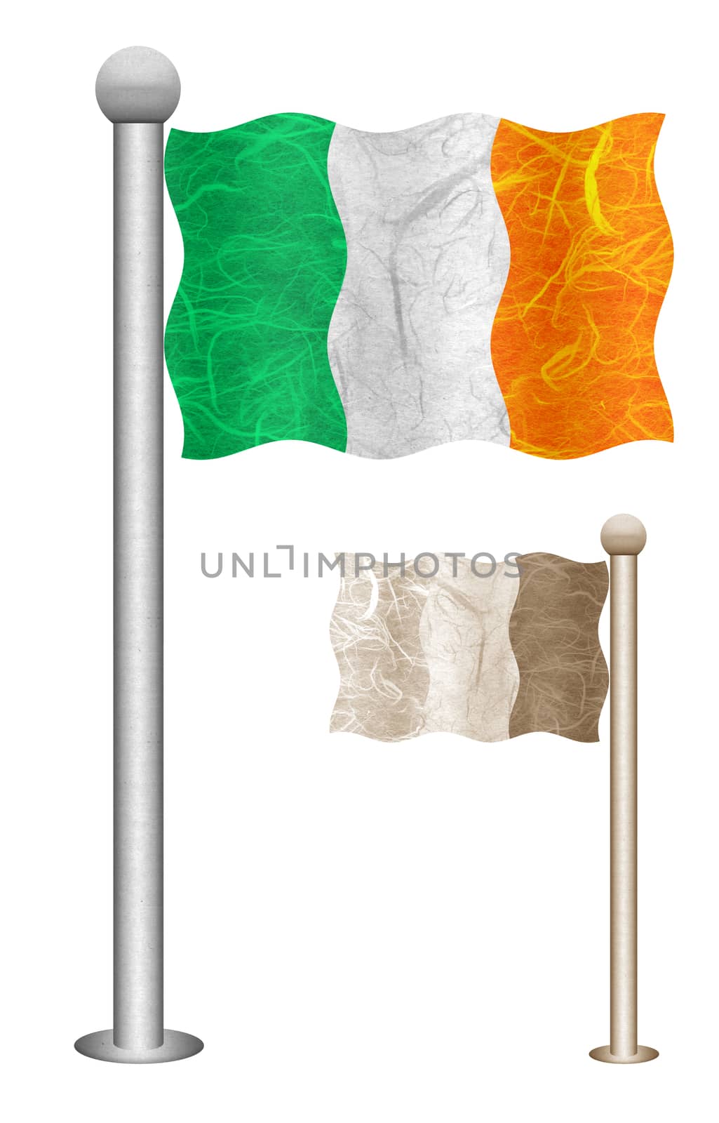 Ireland flag waving on the wind. Flags of countries in Europe. Mulberry paper on white background.