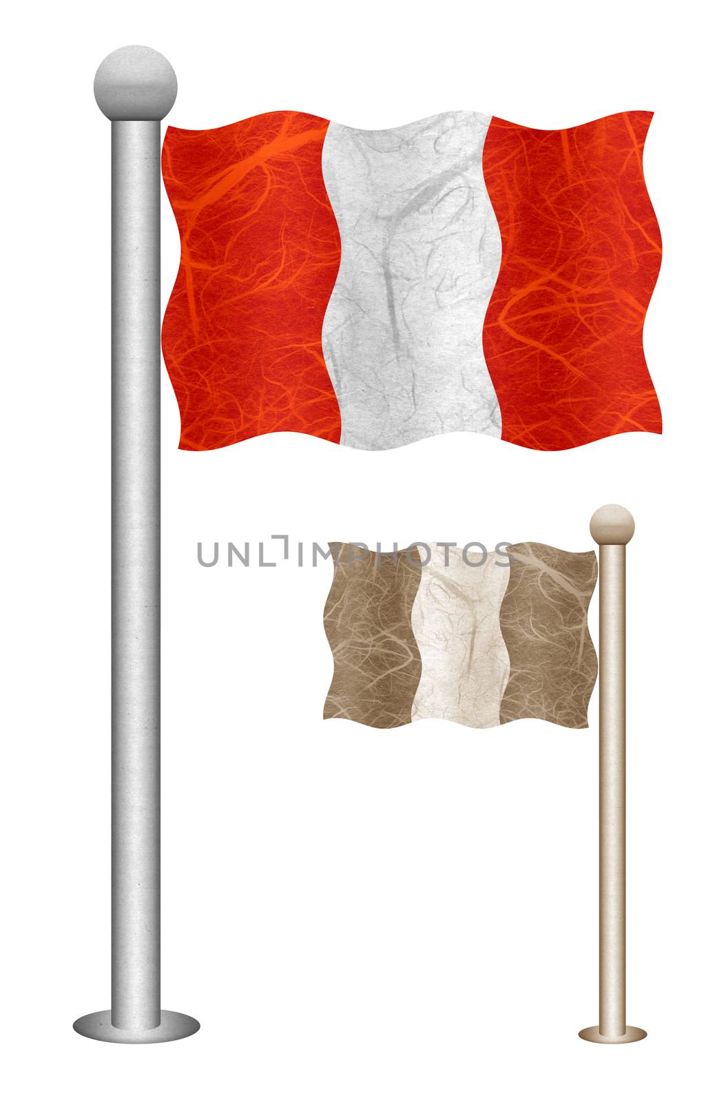 Peru flag waving on the wind. Flags of countries in South America. Mulberry paper on white background.