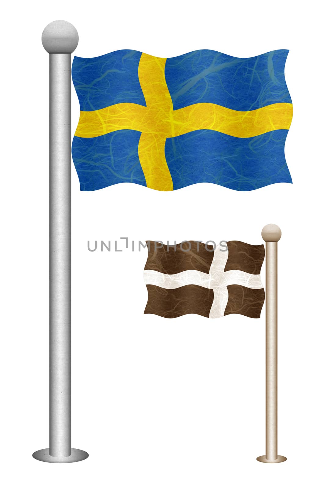 Sweden flag waving on the wind. Flags of countries in Europe. Mulberry paper on white background.