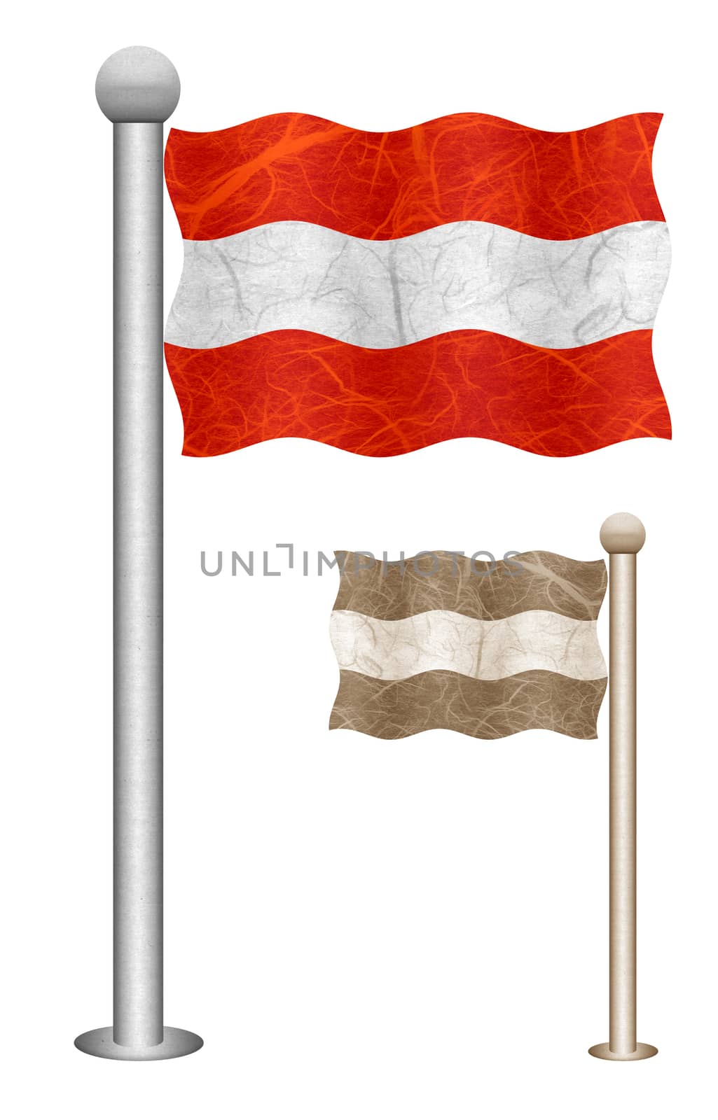 Austria flag waving on the wind. Flags of countries in Europe. Mulberry paper on white background.