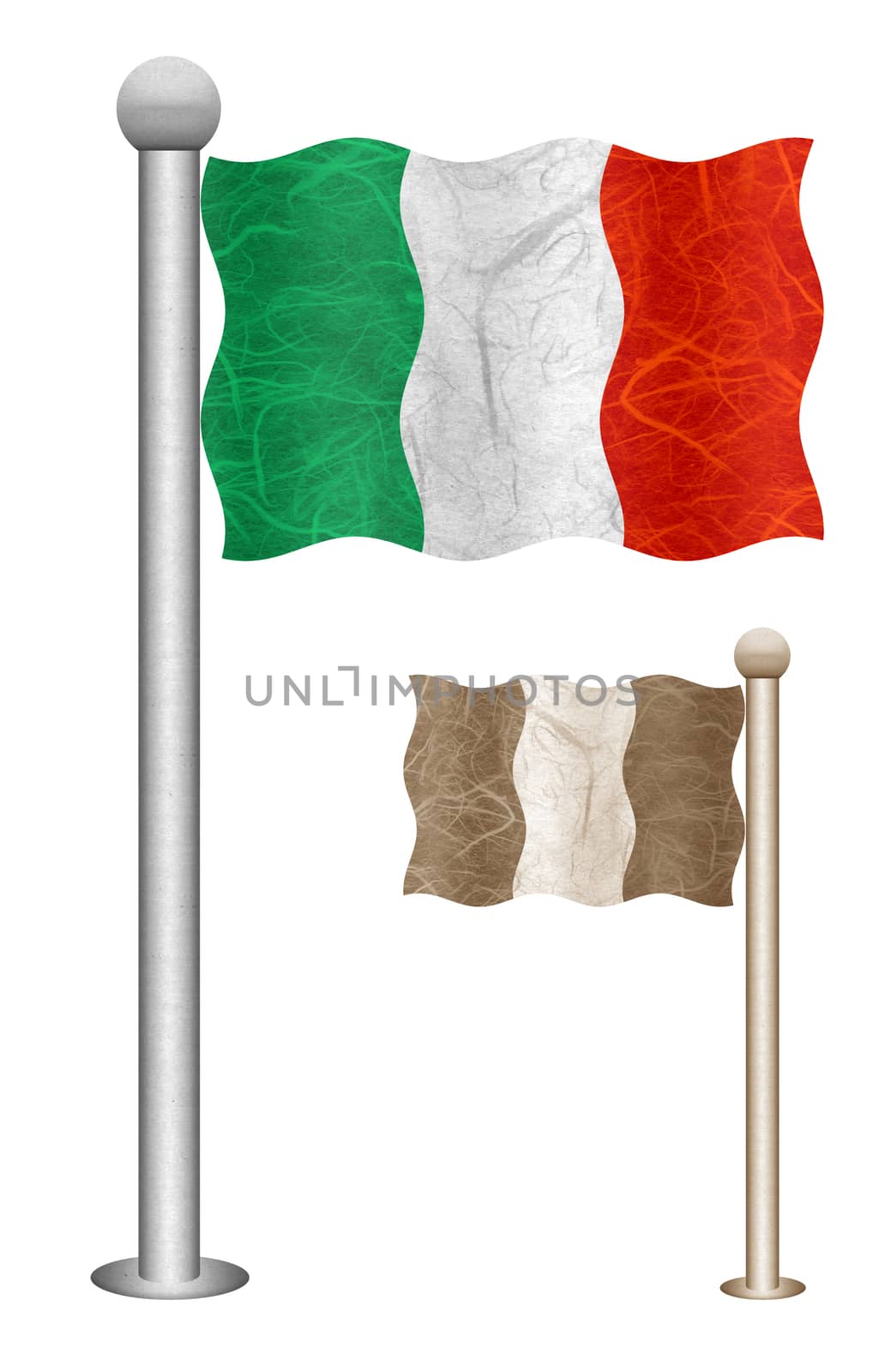 Italy flag waving on the wind. Flags of countries in Europe. Mulberry paper on white background.