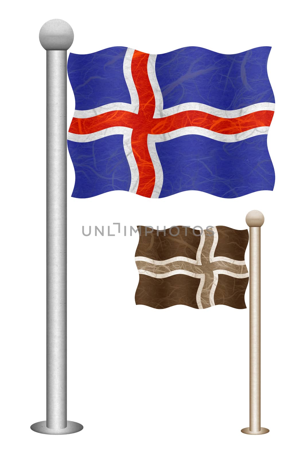 Iceland flag waving on the wind. Flags of countries in Europe. Mulberry paper on white background.