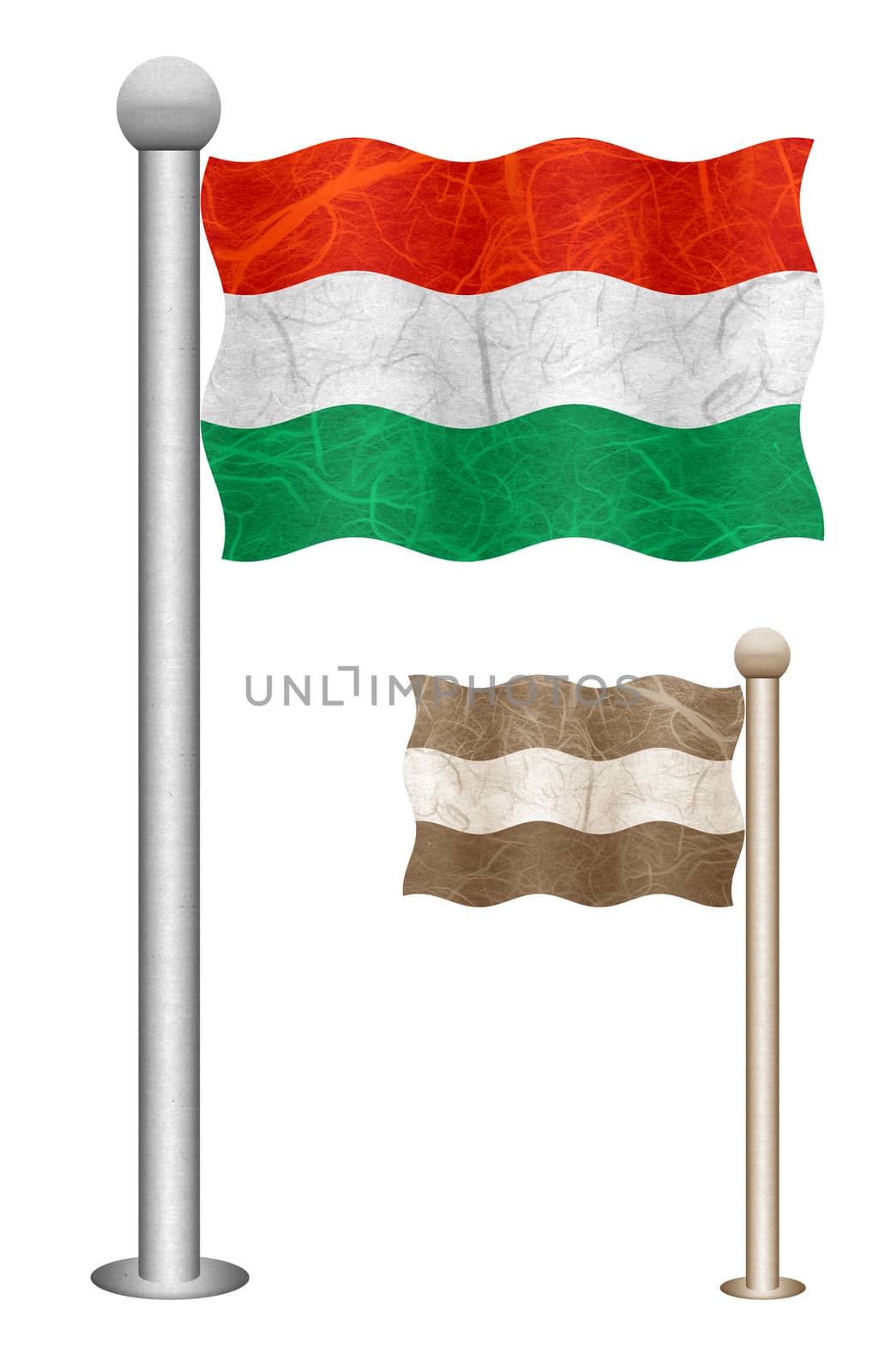 Hungary flag waving on the wind. Flags of countries in Europe. Mulberry paper on white background.