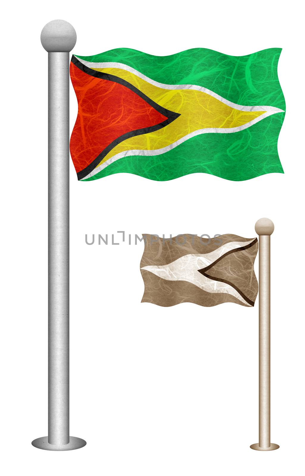 Guyana flag waving on the wind. Flags of countries in South America. Mulberry paper on white background.