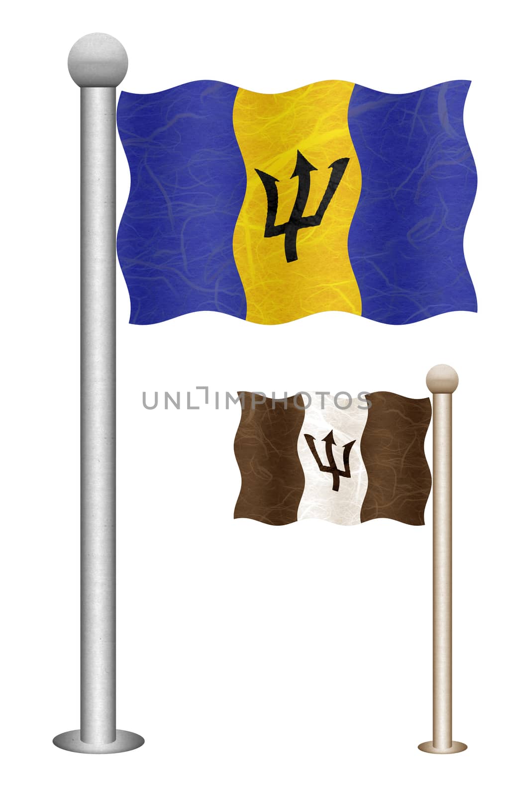 Barbados flag waving on the wind. Flags of countries in North America. Mulberry paper on white background.