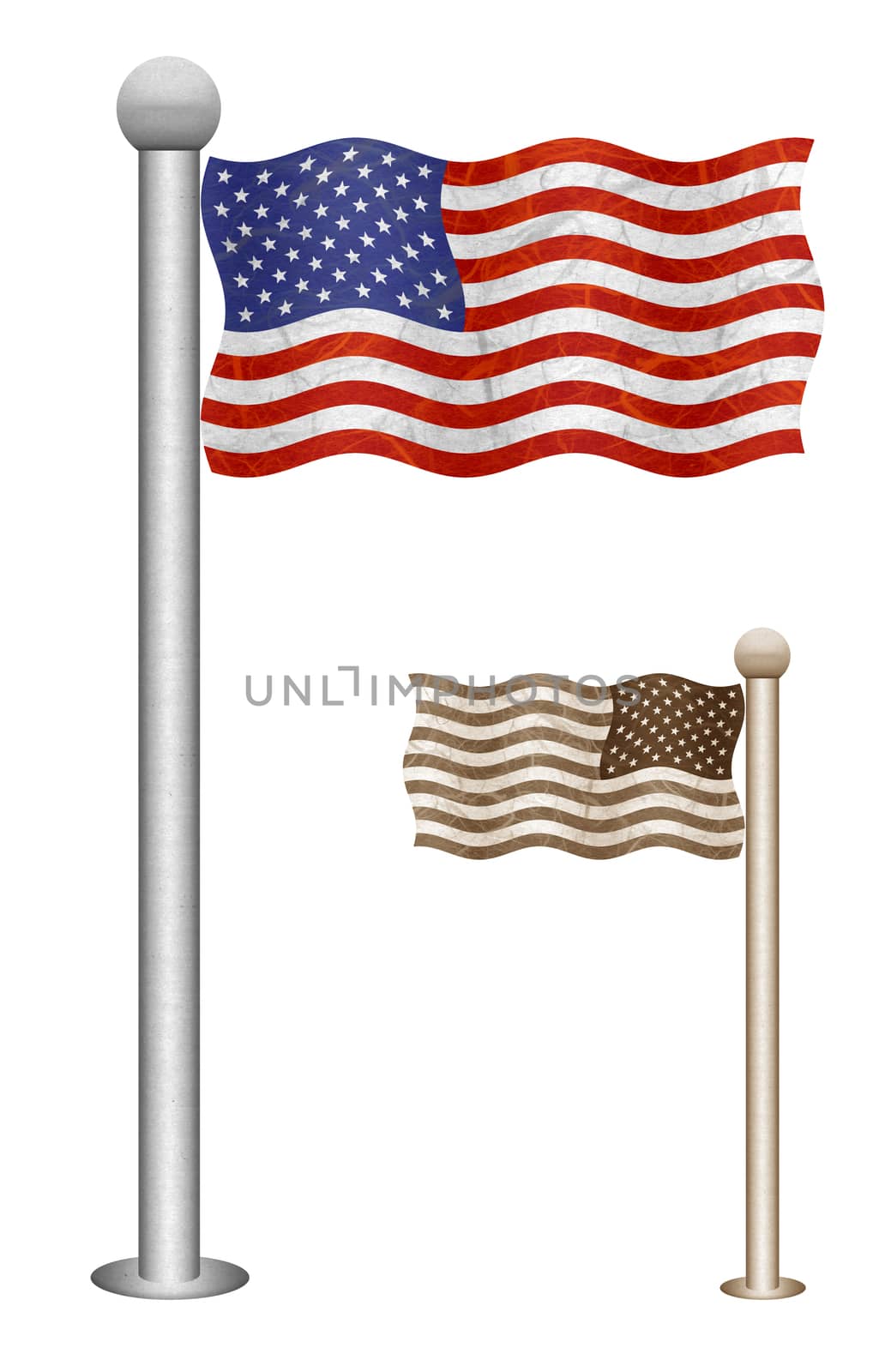 United States of America flag waving on the wind. Flags of countries in North America. Mulberry paper on white background.
