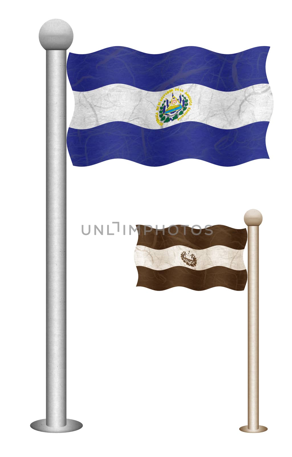 El Salvador flag waving on the wind. Flags of countries in North America. Mulberry paper on white background.