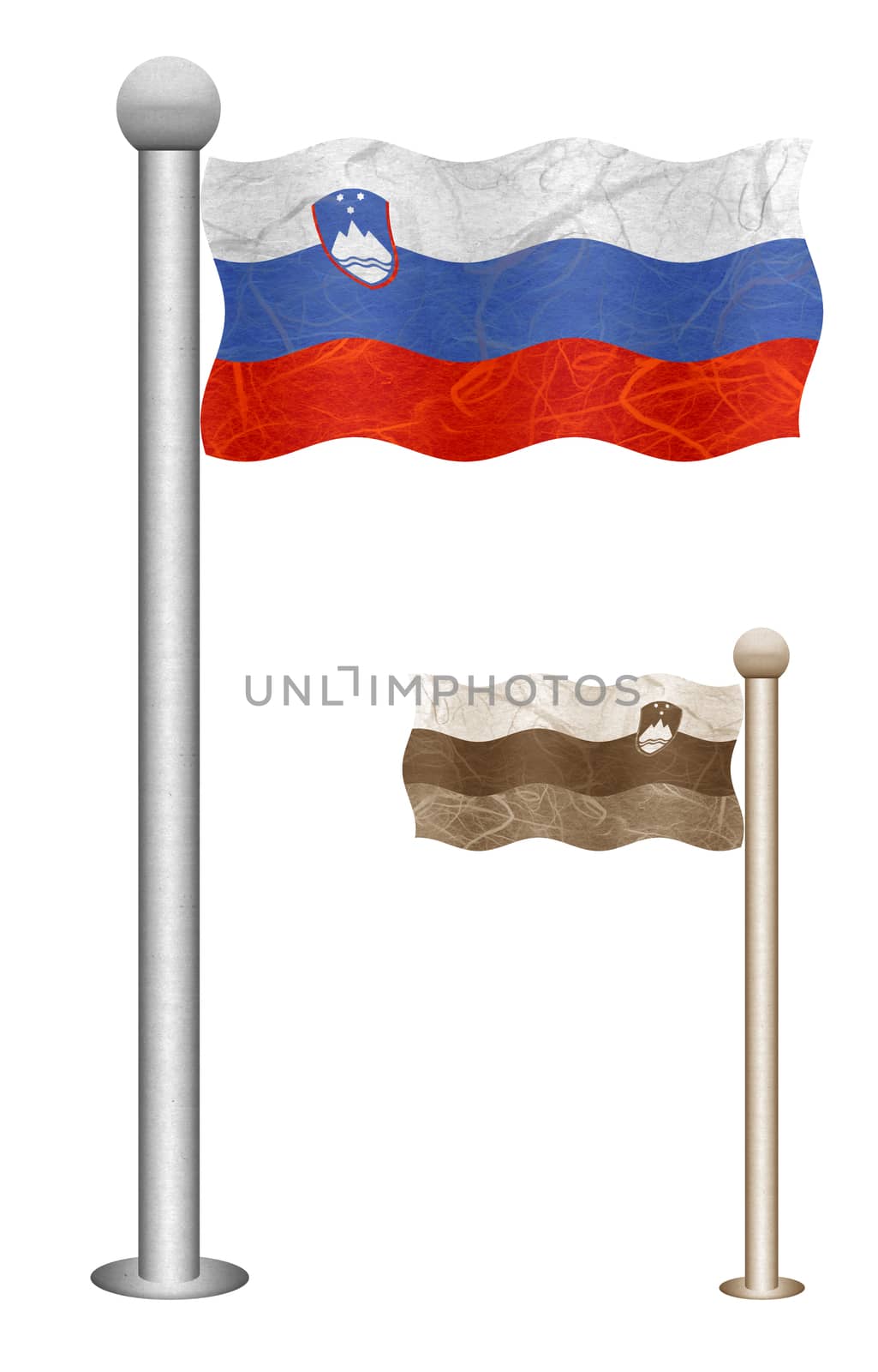 Slovenia flag waving on the wind. Flags of countries in Europe. Mulberry paper on white background.