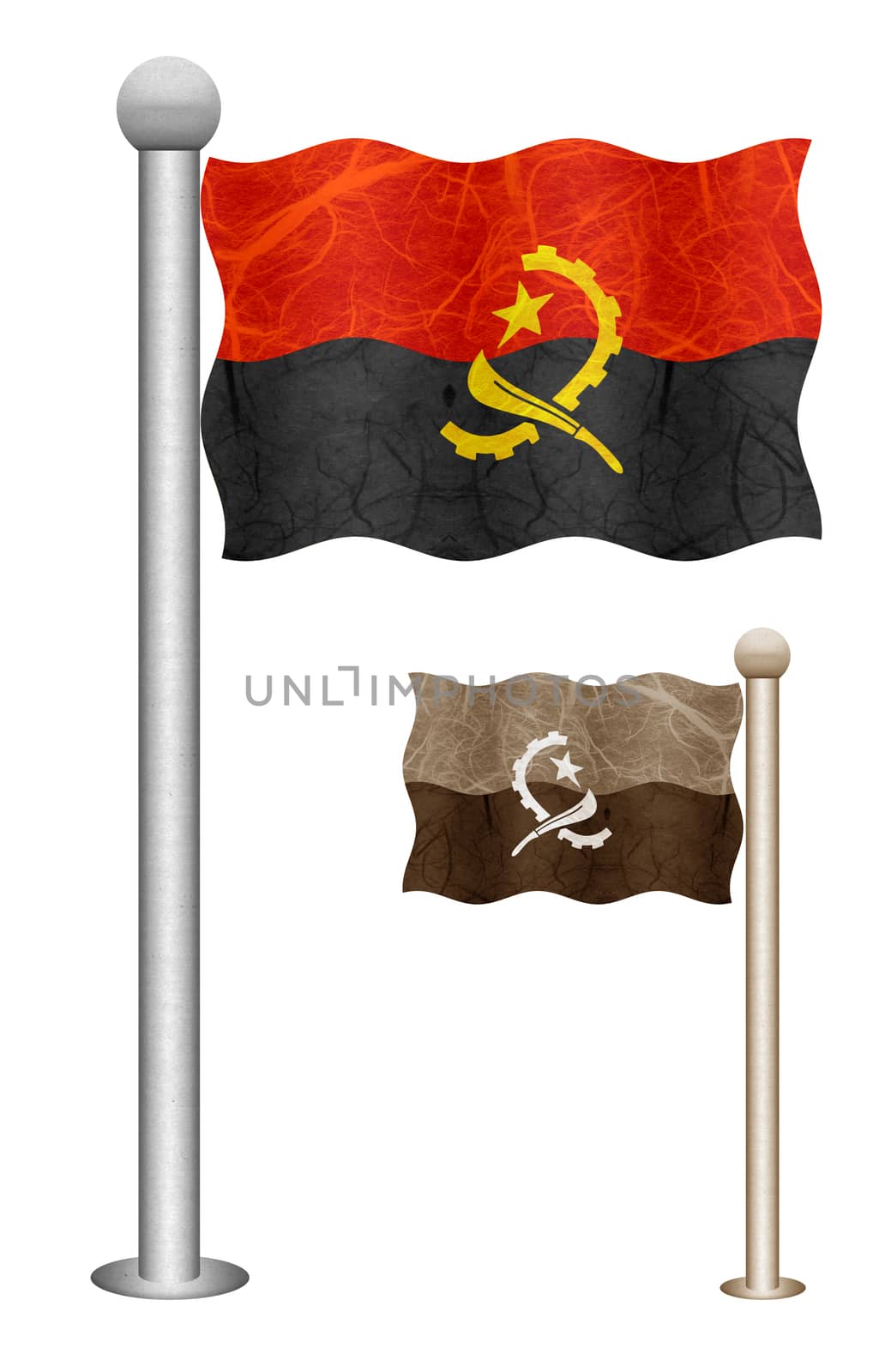 Angola flag waving on the wind. Flags of countries in Africa. Mulberry paper on white background.