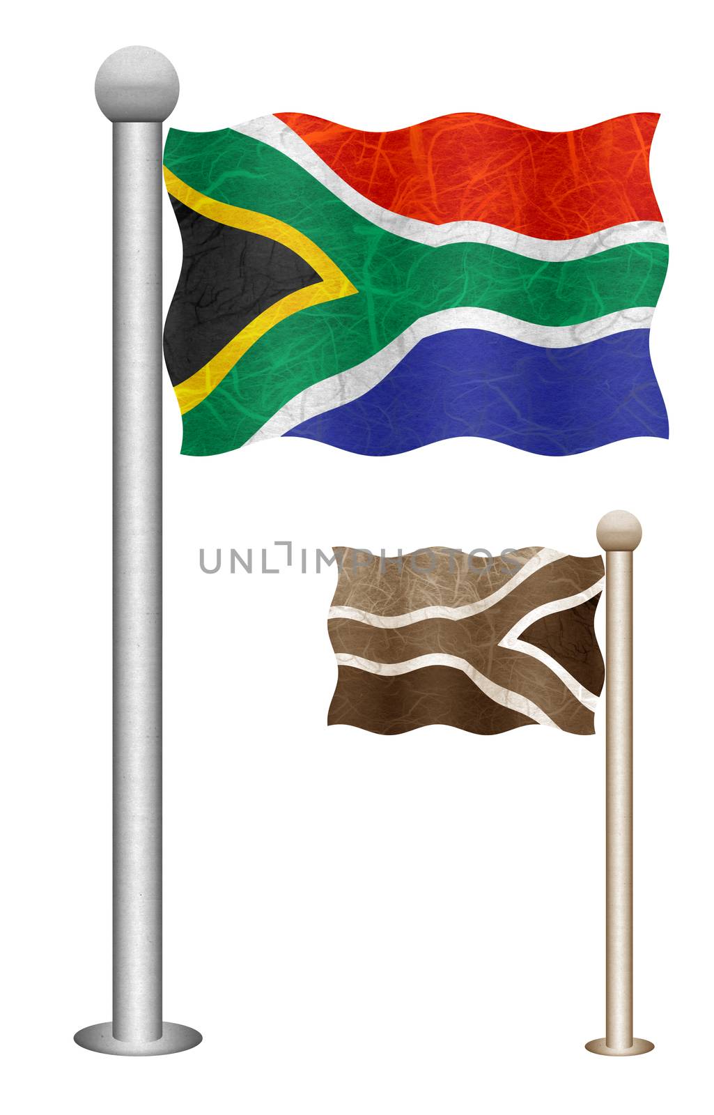South Africa flag waving on the wind. Flags of countries in Africa. Mulberry paper on white background.