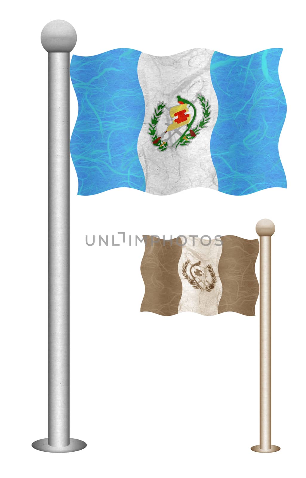 Guatemala flag waving on the wind. Flags of countries in North America. Mulberry paper on white background.