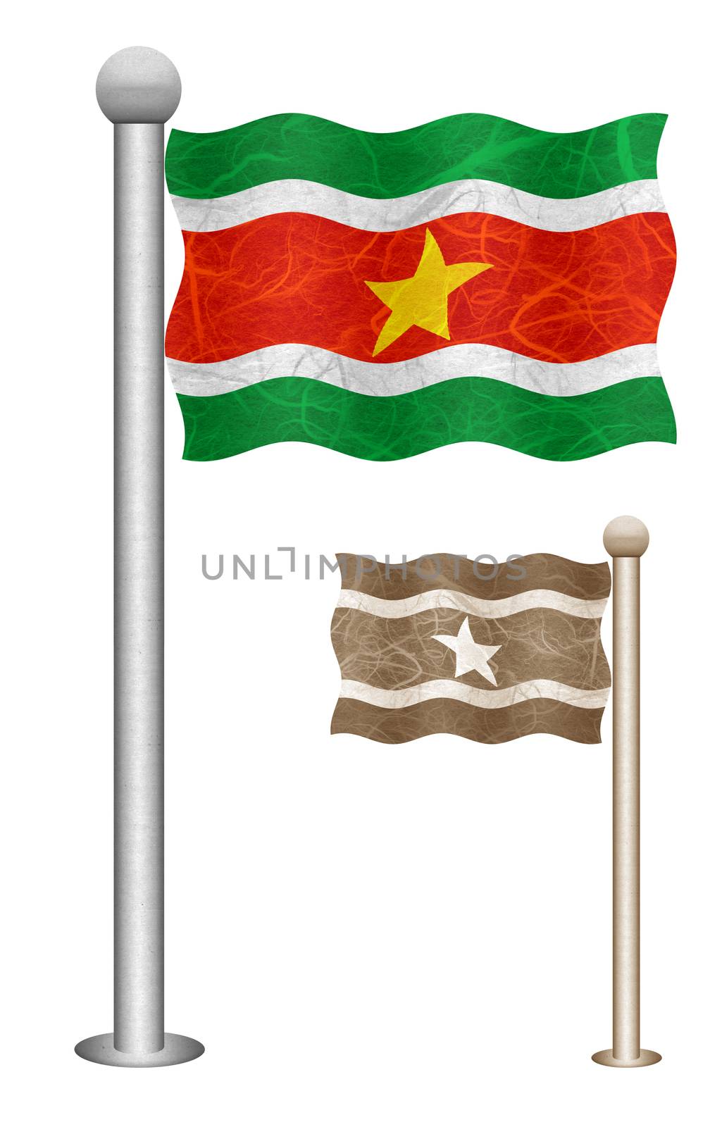 Suriname flag waving on the wind. Flags of countries in South America. Mulberry paper on white background.