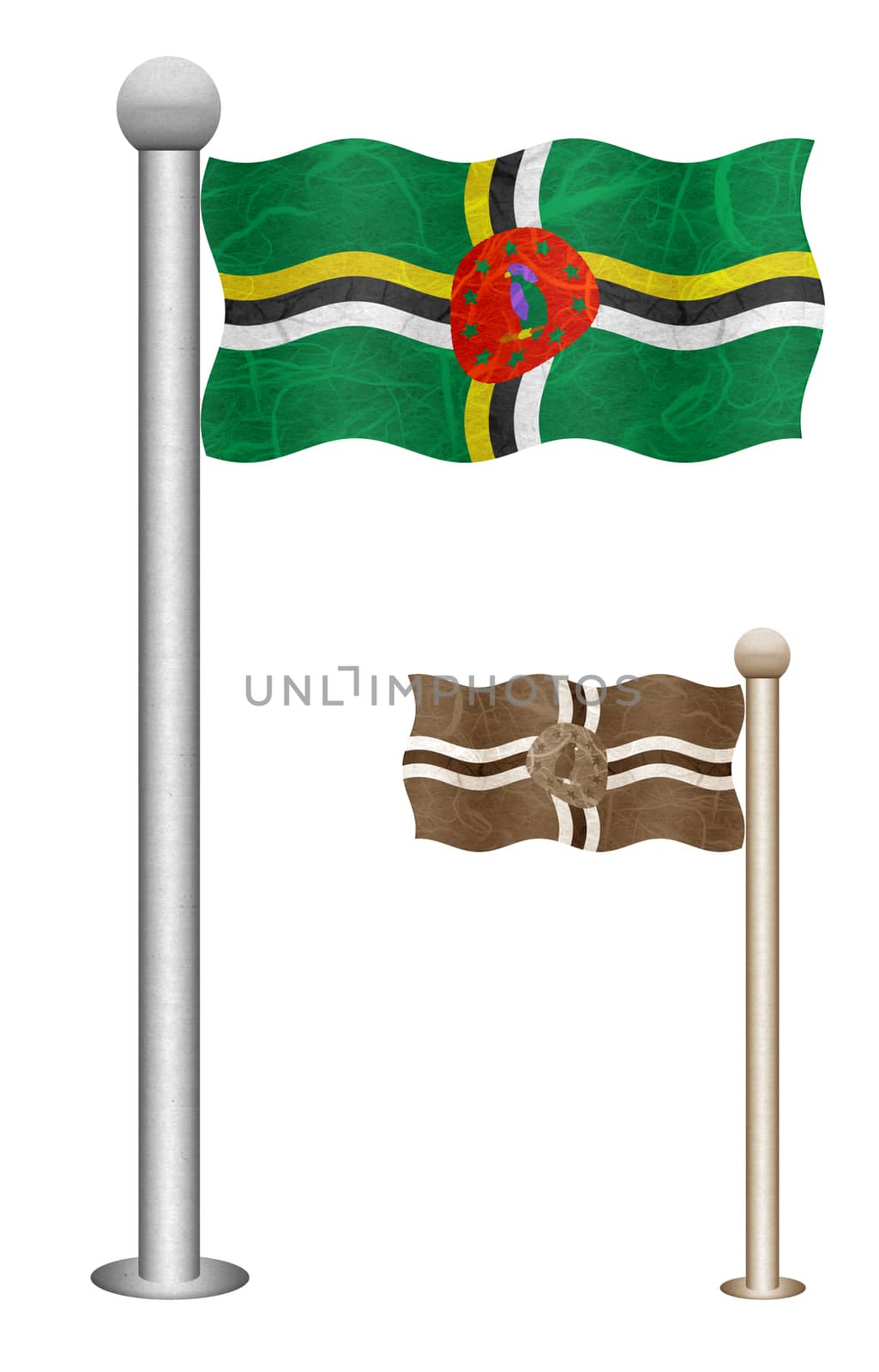 Dominica flag waving on the wind. Flags of countries in North America. Mulberry paper on white background.