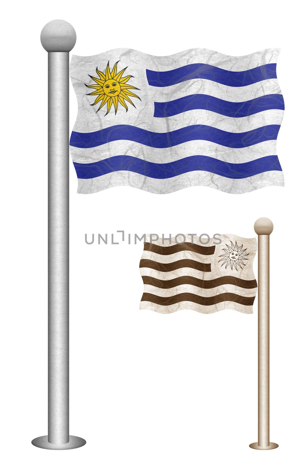 Uruguay flag waving on the wind. Flags of countries in South America. Mulberry paper on white background.