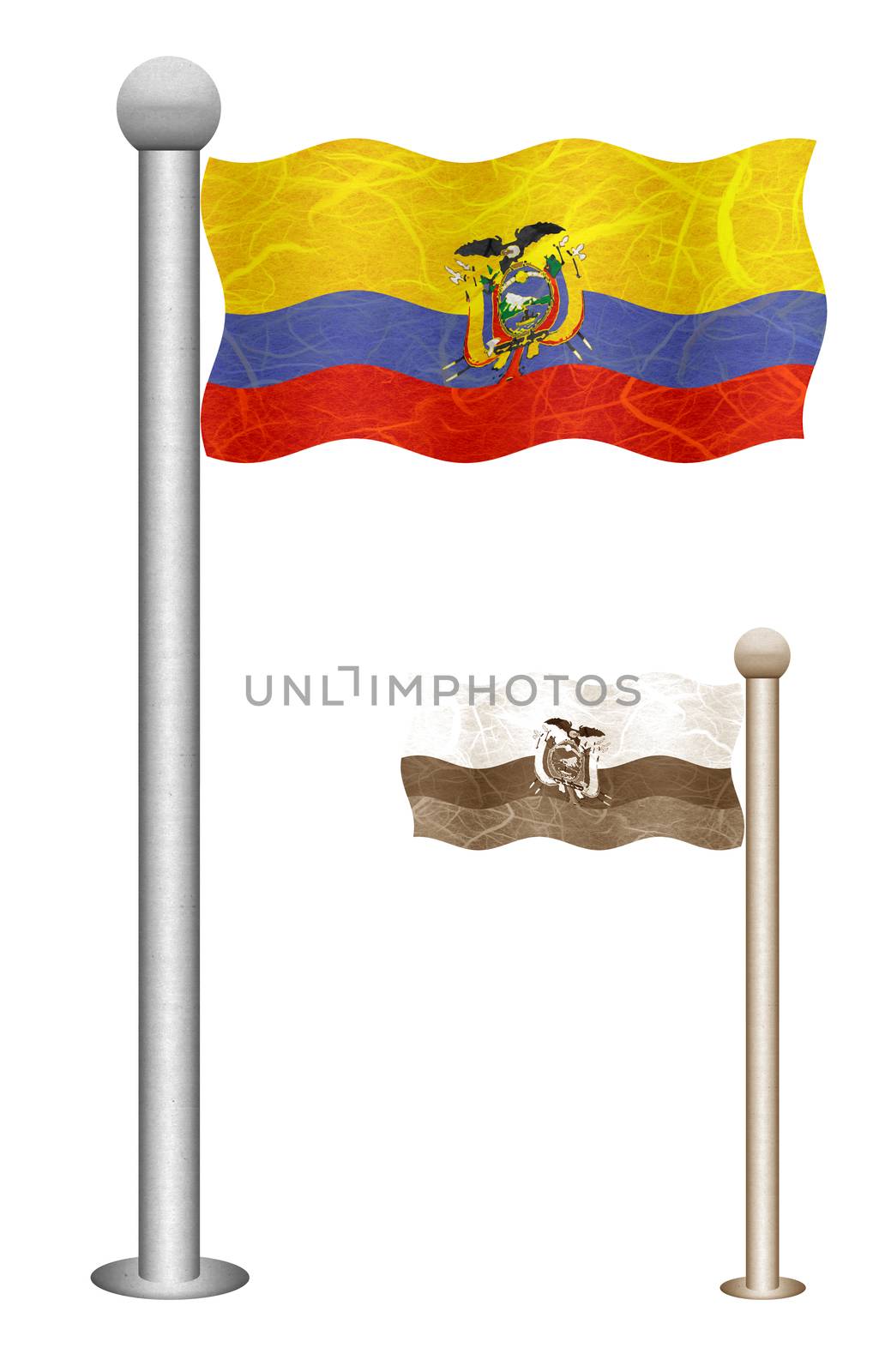 Ecuador flag waving on the wind. Flags of countries in South America. Mulberry paper on white background.