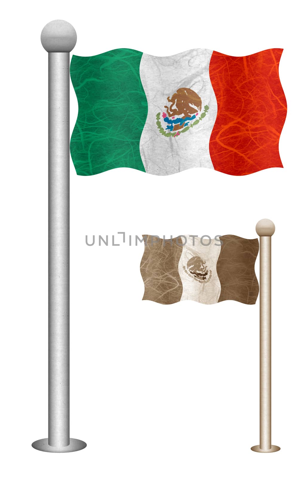 Mexico flag waving on the wind. Flags of countries in North America. Mulberry paper on white background.