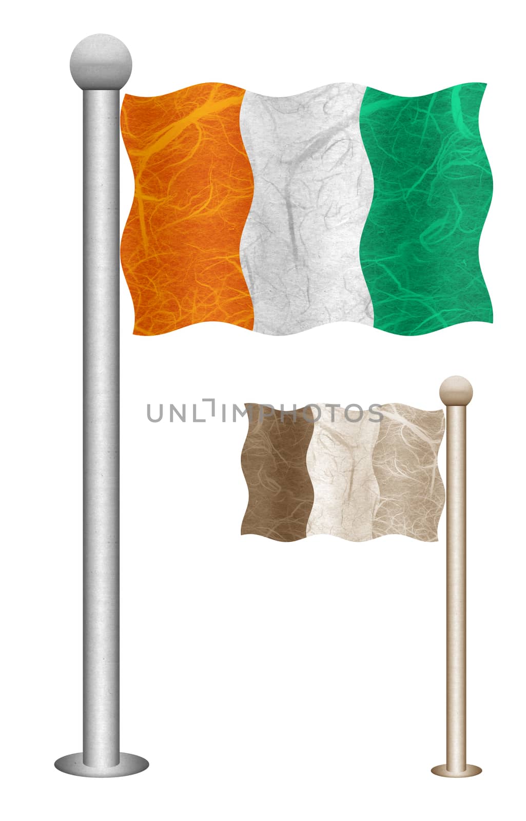 Cote d'lvoire flag waving on the wind. Flags of countries in Africa. Mulberry paper on white background.