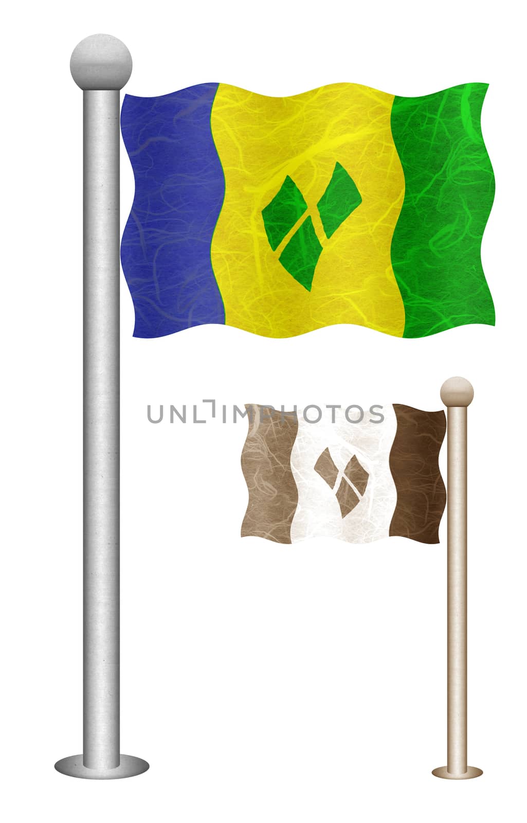 Saint Vincent and the Grenadines flag waving on the wind. Flags of countries in North America. Mulberry paper on white background.