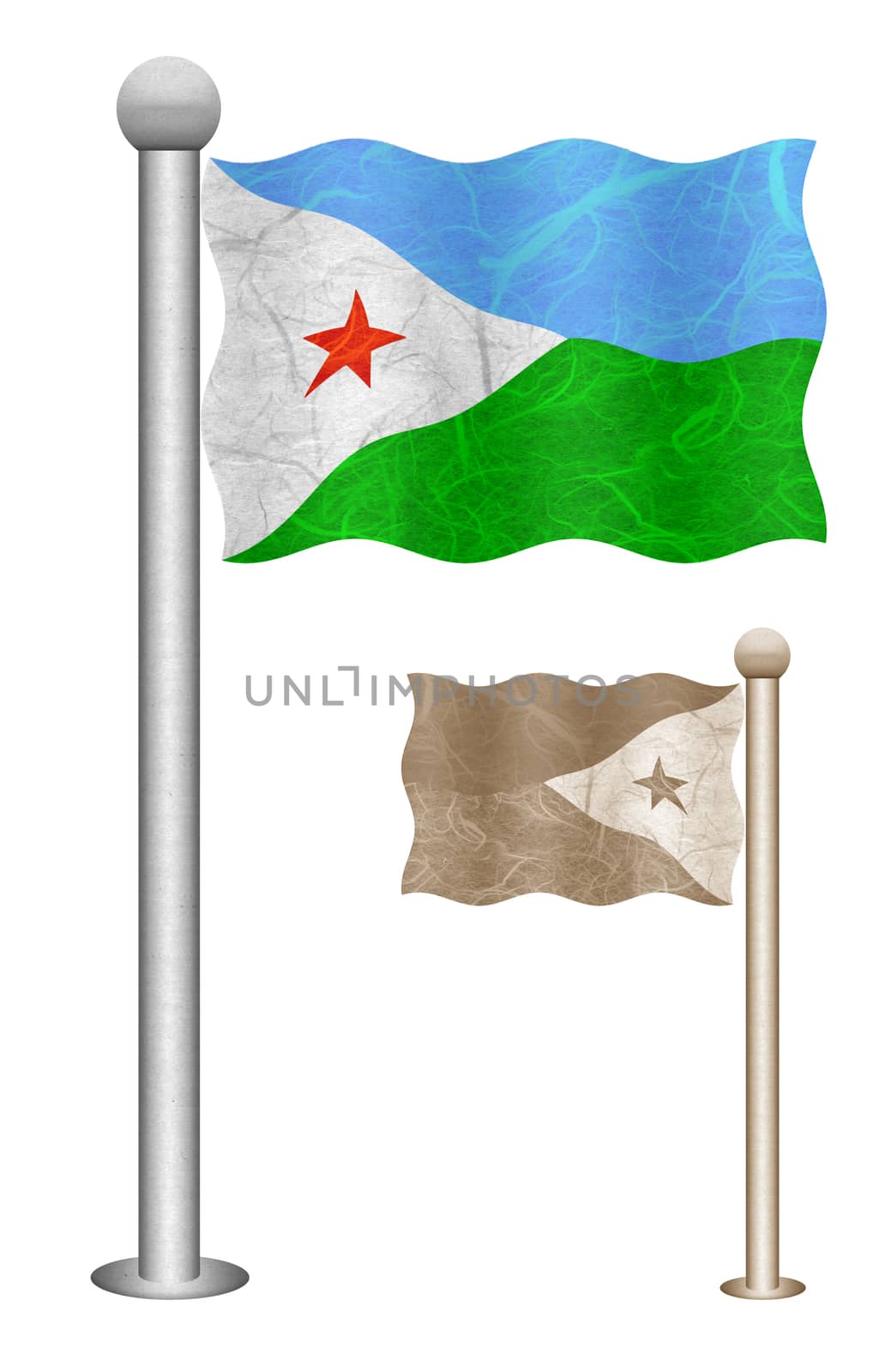 Djibouti flag waving on the wind. Flags of countries in Africa. Mulberry paper on white background.