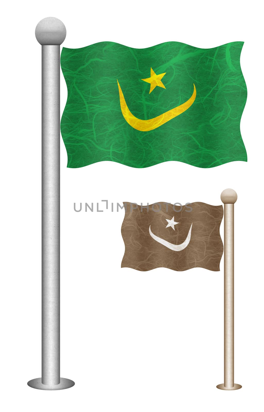 Mauritania flag waving on the wind. Flags of countries in Africa. Mulberry paper on white background.