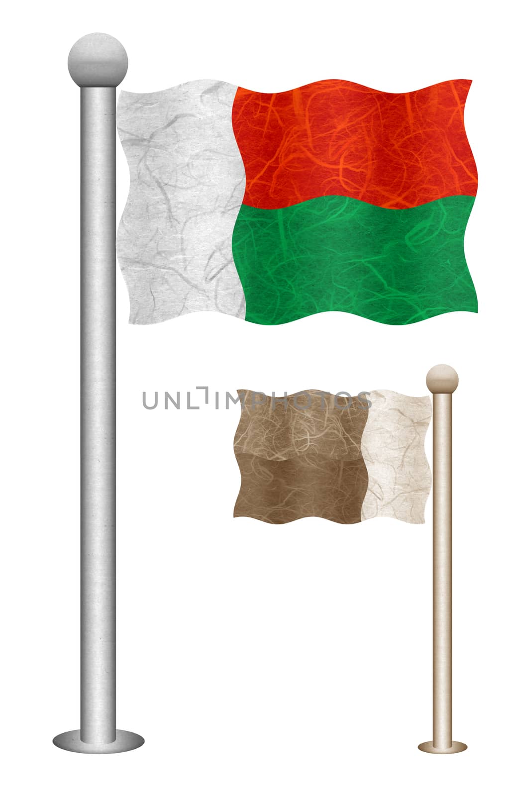 Madagascar flag waving on the wind. Flags of countries in Africa. Mulberry paper on white background.