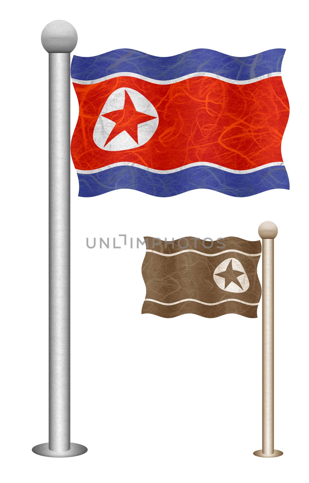 North Korea flag waving on the wind. Flags of countries in Asia. Mulberry paper on white background.