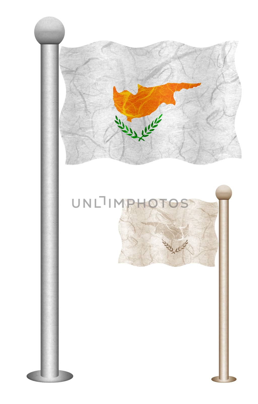 Cyprus flag waving on the wind. Flags of countries in Asia. Mulberry paper on white background.