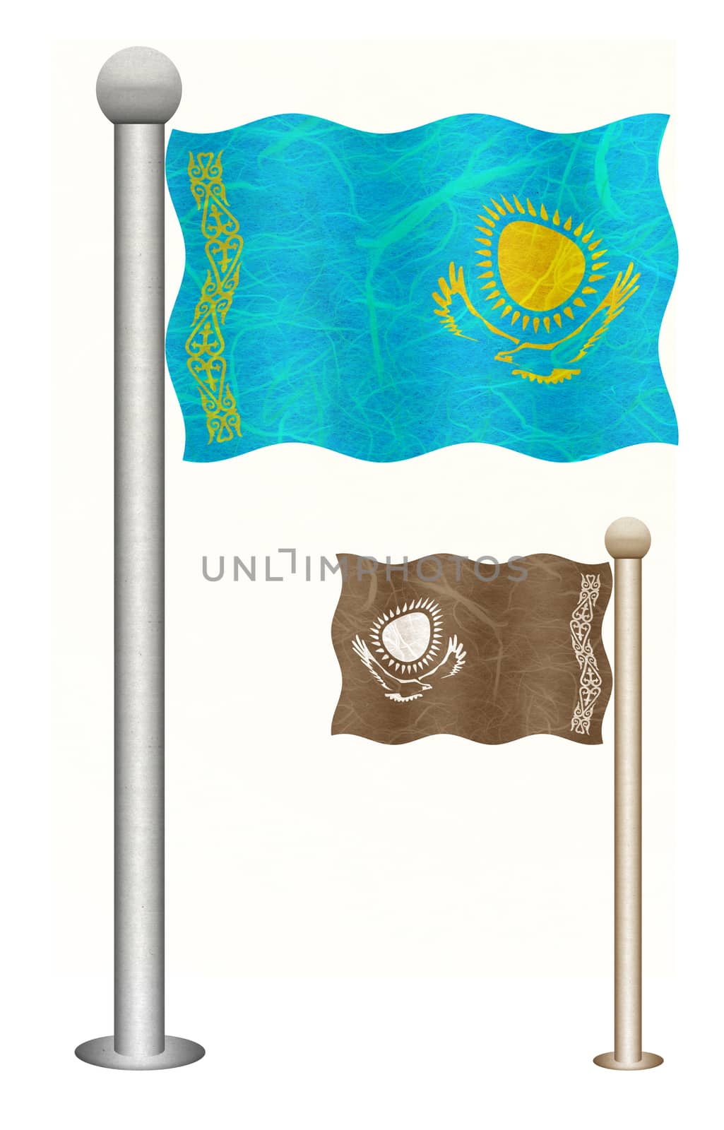 Kazakhstan flag waving on the wind. Flags of countries in Asia. Mulberry paper on white background.