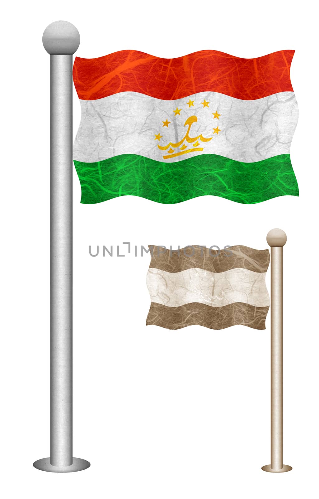 Tajikistan flag waving on the wind. Flags of countries in Asia. Mulberry paper on white background.