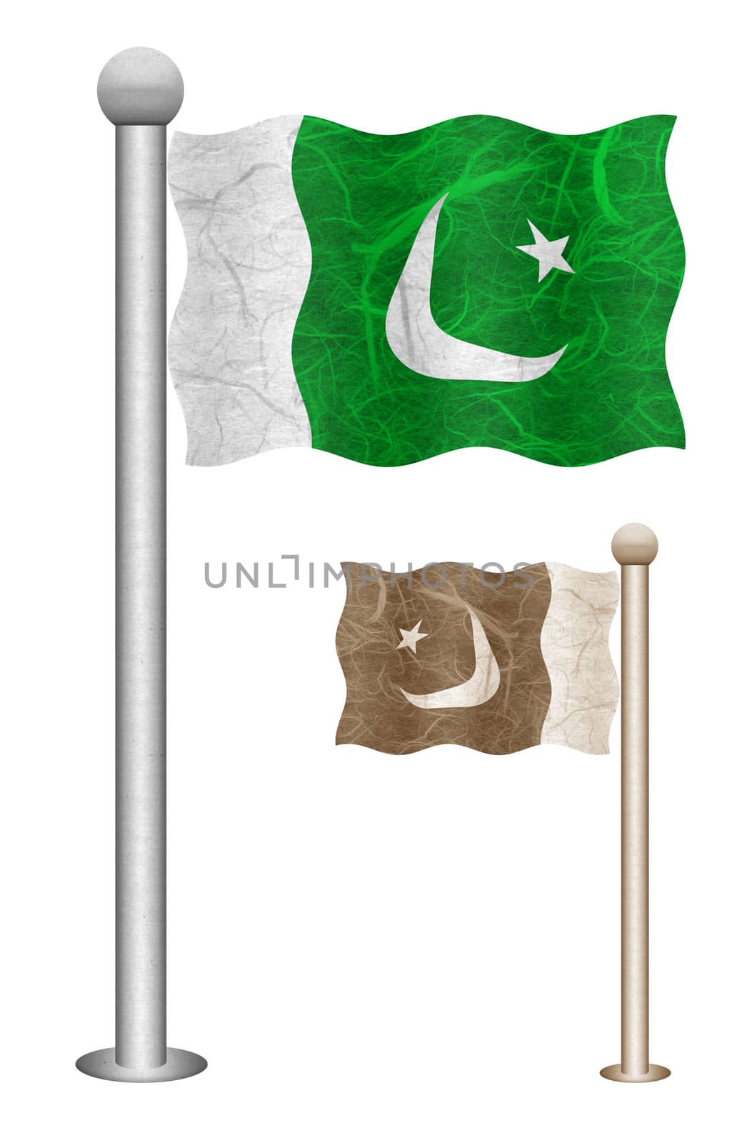 Pakistan flag waving on the wind. Flags of countries in Asia. Mulberry paper on white background.