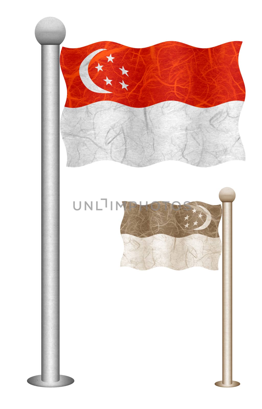 Singapore flag waving on the wind. Flags of countries in Asia. Mulberry paper on white background.