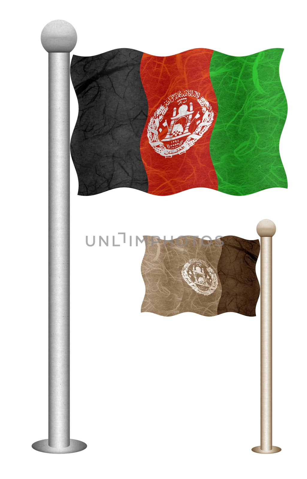 Afghanistan flag waving on the wind. Flags of countries in Asia. Mulberry paper on white background.