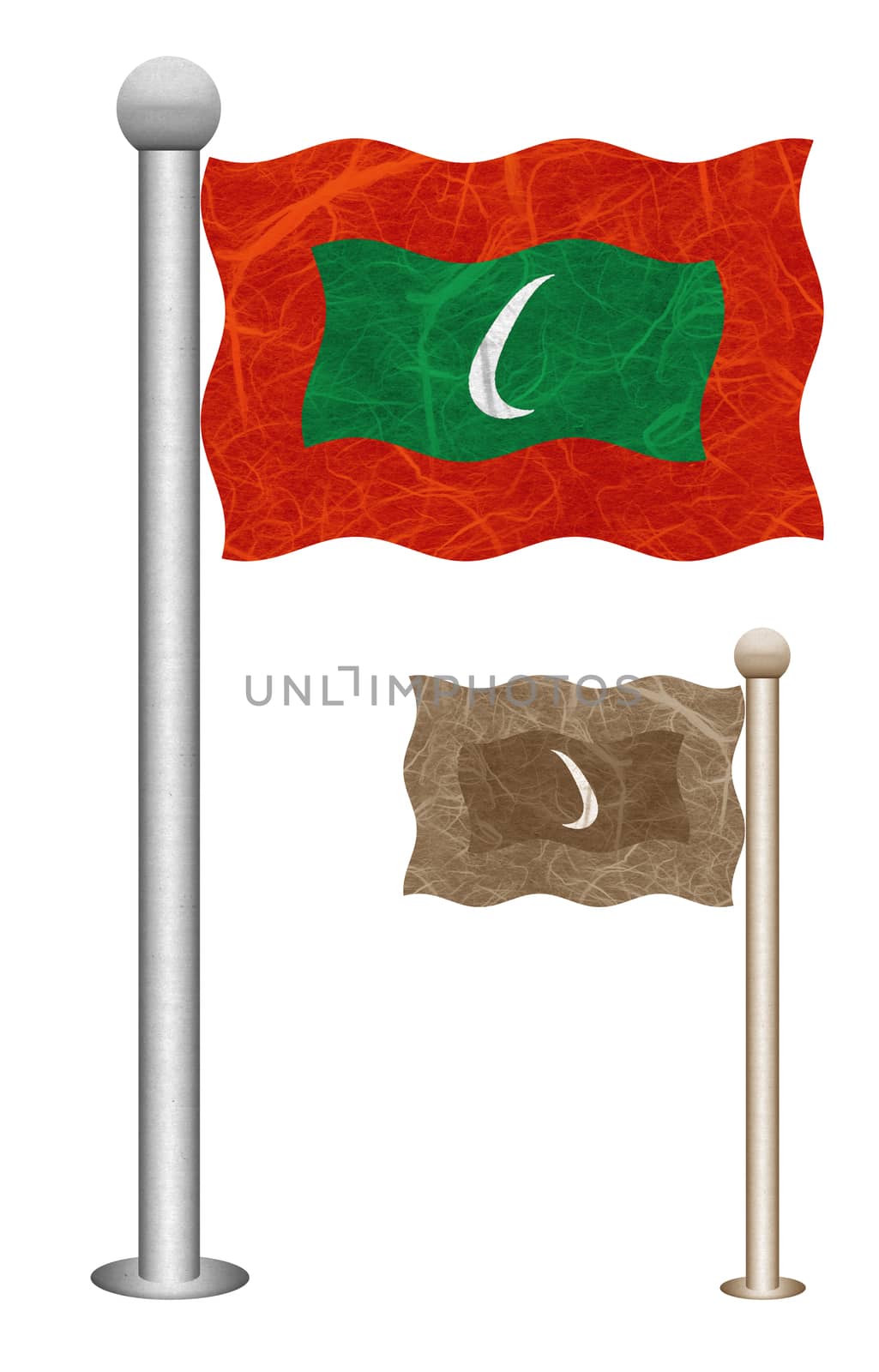 Maldives flag waving on the wind. Flags of countries in Asia. Mulberry paper on white background.