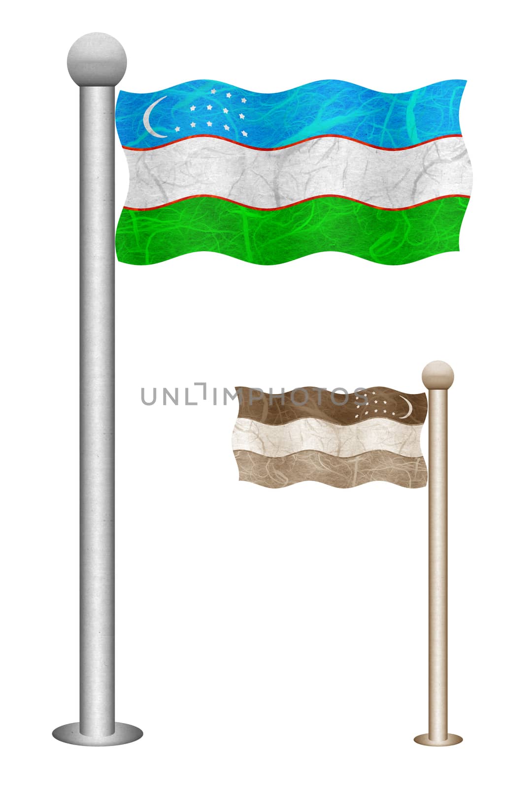 Uzbekistan flag waving on the wind. Flags of countries in Asia. Mulberry paper on white background.